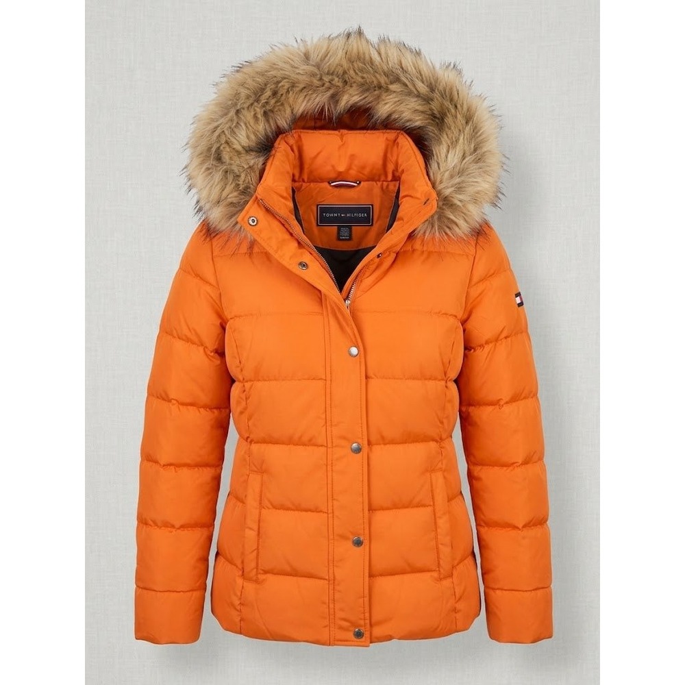 NEW NWT Tommy Hilfiger Womens Orange Puffer Jacket Faux Fur Hood Size M TWIMP696